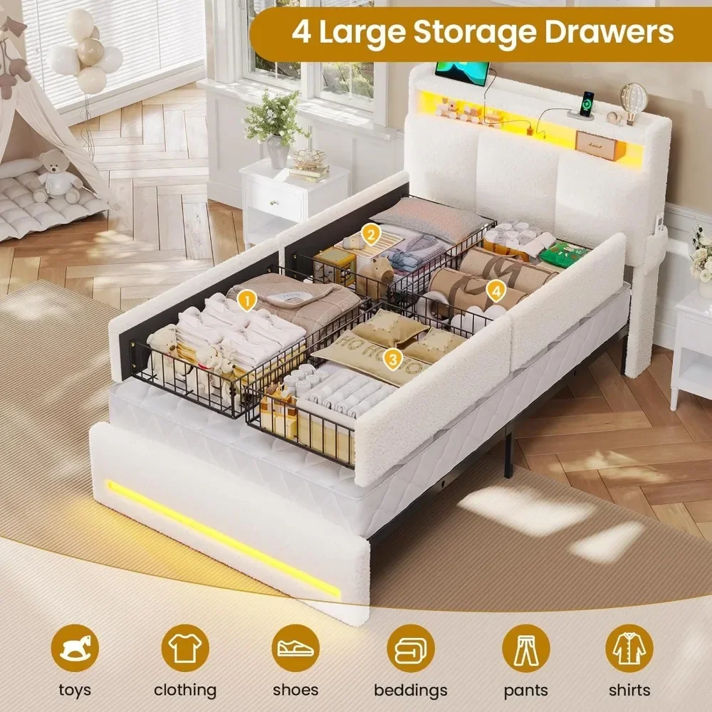 Rangka Tempat Tidur Twin dengan Headboard Penyimpanan dan Stasiun Pengisian Daya, Rangka Tempat Tidur Berlapis Boucle Ukuran Twin dengan 4 Laci dan Lampu LED