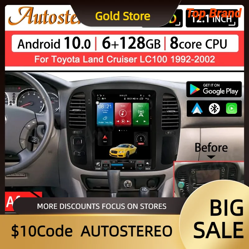 For Toyota Land Cruiser LC100 1992-2002 Android 13 Carplay Auto Stereo Tesla Style Car GPS Navigation Multimedia Player HeadUnit