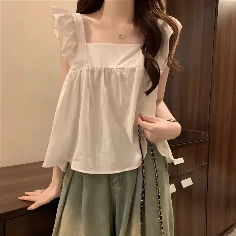 

Women's Summer Sleeveless Doll Shirt with Bow and Flying Sleeves Tops E9642