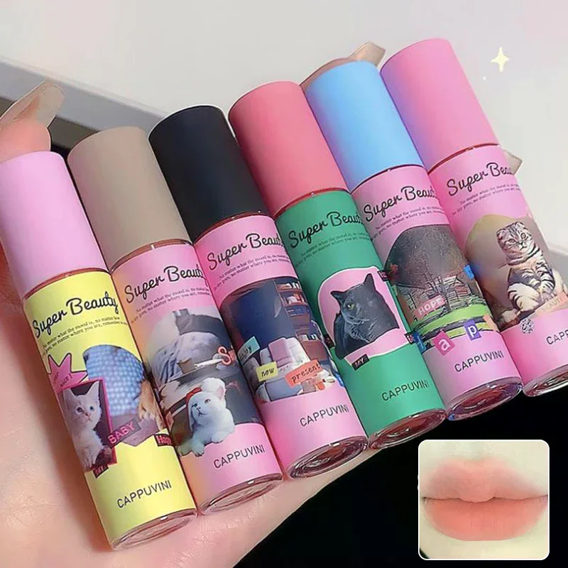 Cappuvini Cute Cat Lip Mud Matte Cream Texture Lip Cream Velvet Liquid Lipstick Long Lasting Waterproof Red Lip Tint Makeup