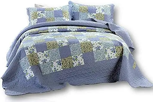 Cama Blueberry Patch Cottage Floral Colcha Set, patc leve xadrez xadrez reversível Floral Delicado Periwinkle azul