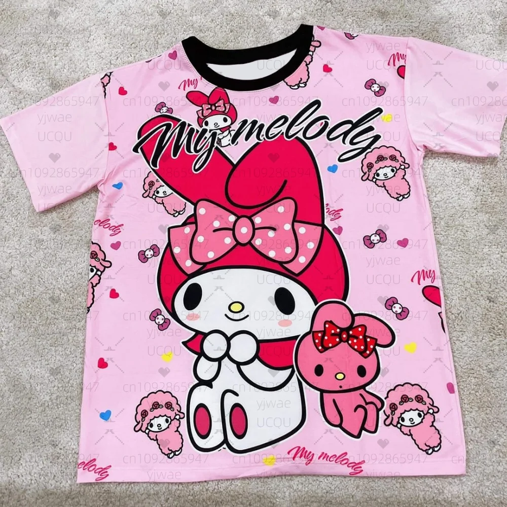 

Женские милые футболки с принтом My Melody, летние базовые футболки с короткими рукавами и круглым вырезом, повседневная женская спортивная одежда больших размеров в стиле ретро