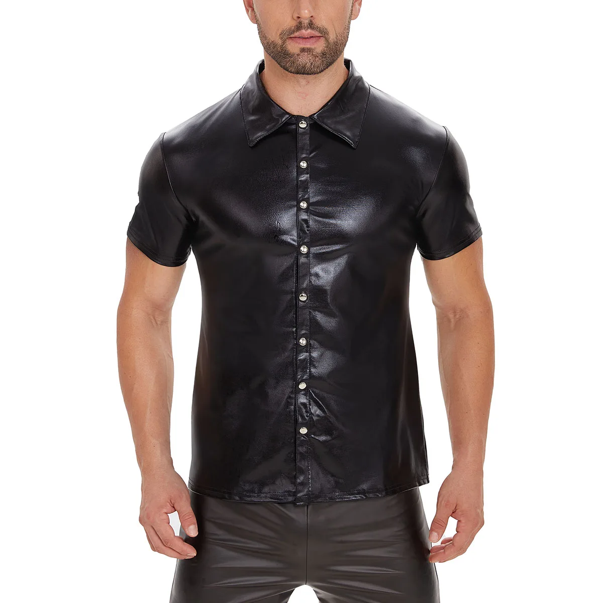 Plus Size Mens Shiny Patent Leather Shirt Short Sleeve Soft Leather Shaping Tops Male Turn-down Collar Casual Shirt Sexi