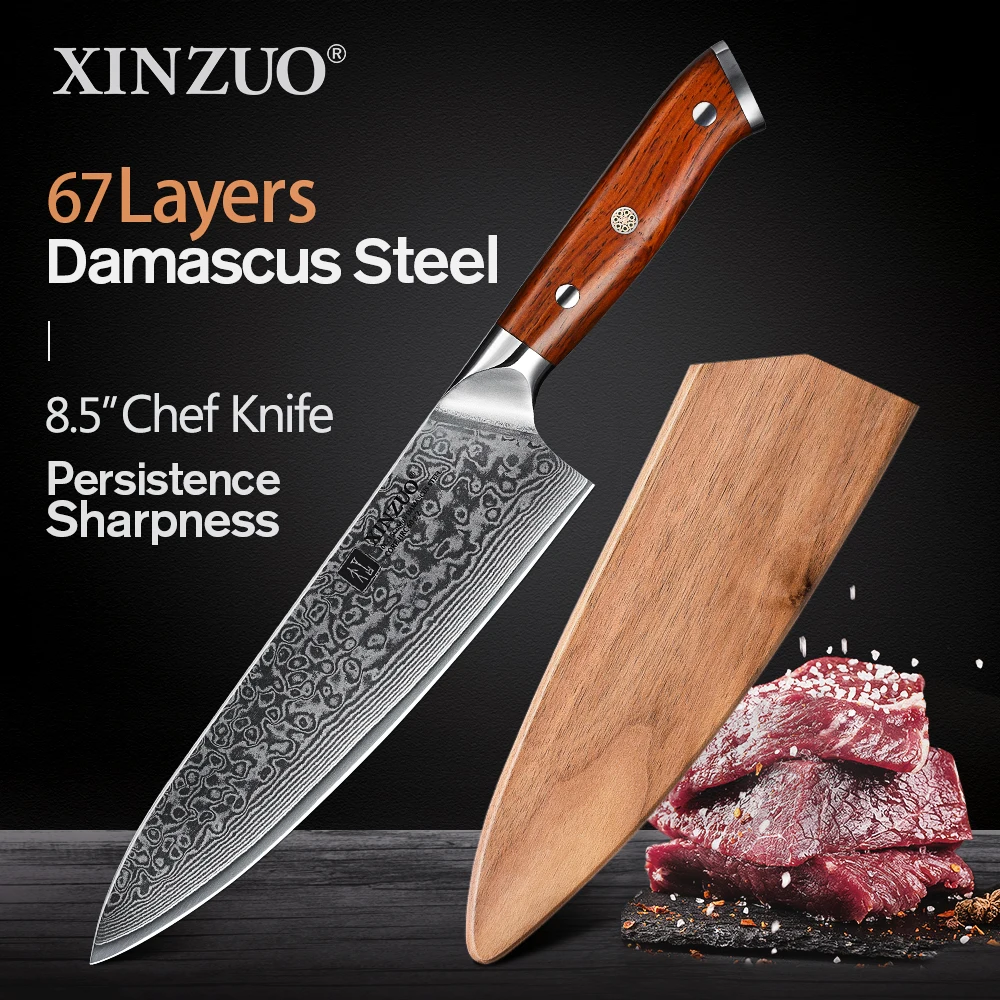 

XINZUO 8.5" inches Chef Knife Japanese Steel Damascus VG10 Kitchen Knife 62 HRC Top Quality Gyuto Knives with Rosewood Handle