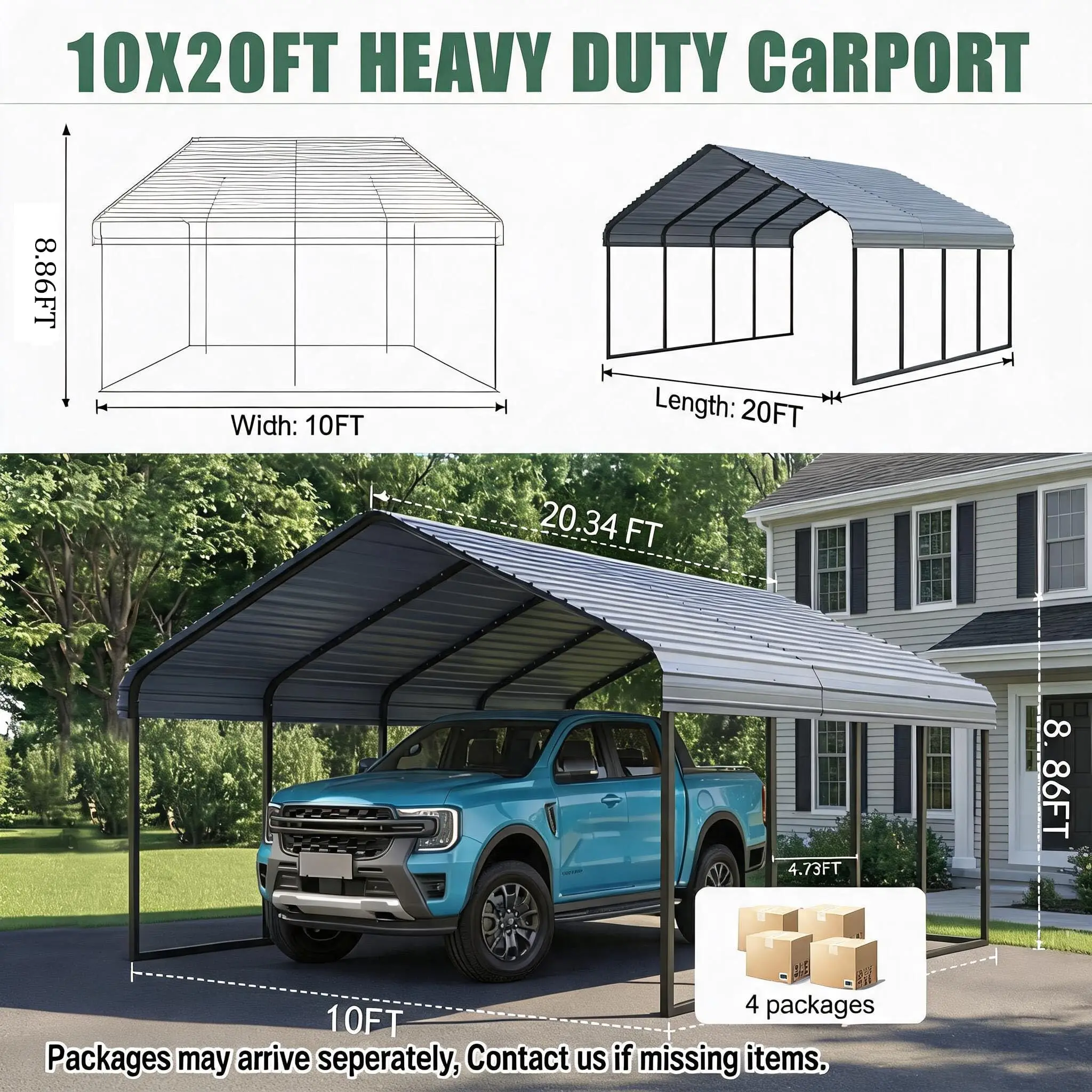 10x20 FT Heavy Duty Metal Carport Kit