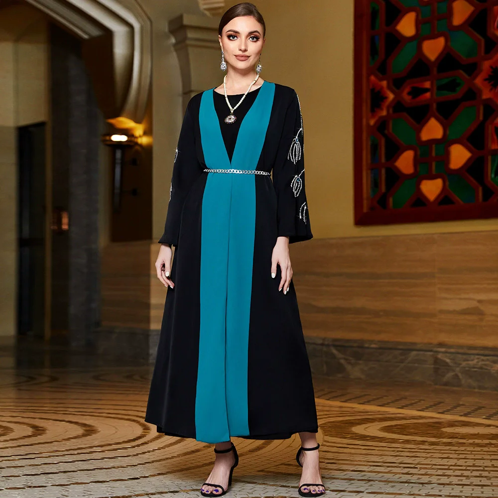 Ramadan black trumpet sleeve patchwork lake blue Muslim fashionable temperament style, paired with Middle Eastern clothing