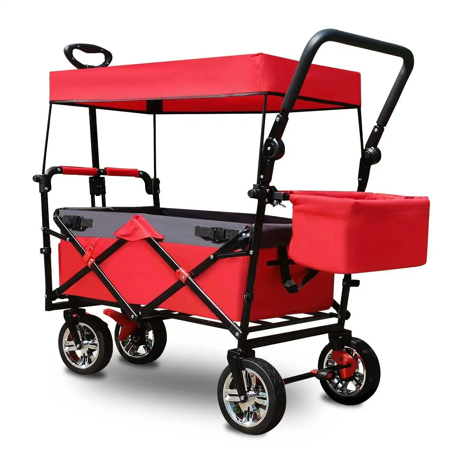 Foldable Wagon Stroller for Kids, Beach Wagon Cart with Big Wheels and Canopy with Adjustable Push Pulling Handles