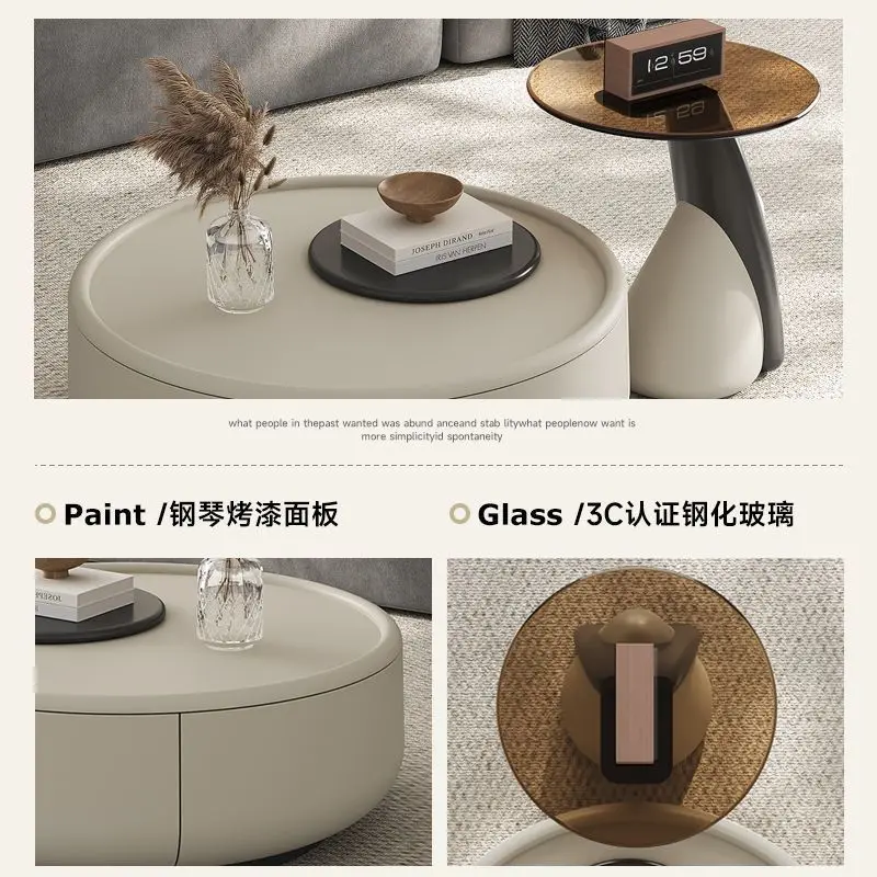 Wabi Sand Cream Wind Rona Coffee Table Living Room Household Small Unit Solid Wood Round Tea Table 2024 New High-end Combination