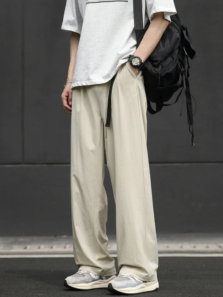 

Ice Silk Men's Summer Wide Leg Pants Draped Thin Loose Cool Feeling Straight Leg Suit Trousers Floor Length Casual Long Trousers