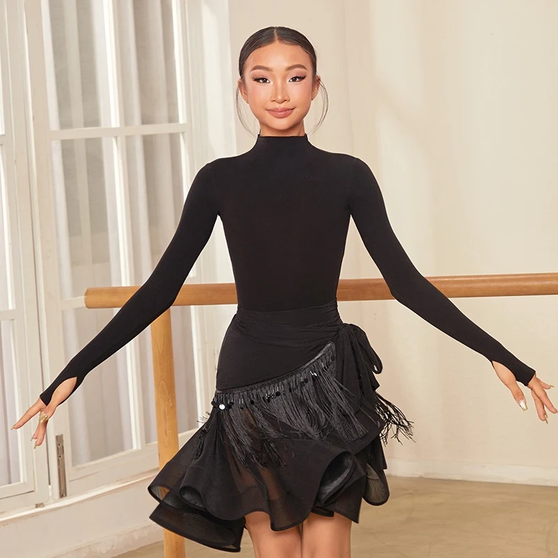 Nowa spódnica do tańca latynoamerykańskiego dla dziewcząt, strój do cha-chy i rumby, spódnica z frędzlami, kostium do występów latynoamerykańskich, czarna spódnica z frędzlami DNV24809