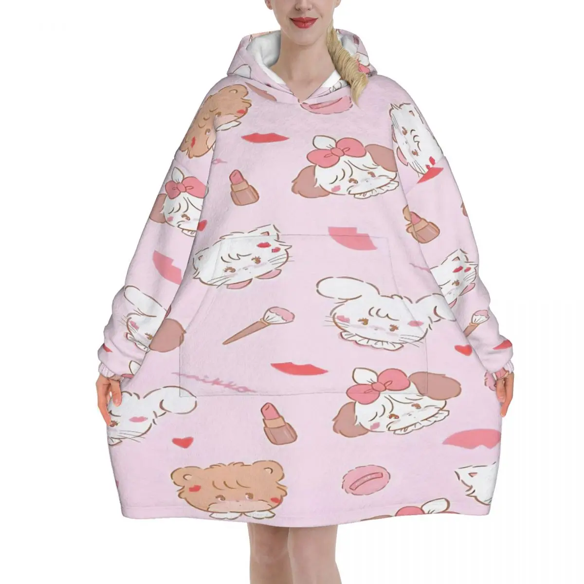Pink Cartoon Mikko Mousse Blanket Hoodie Oversized Wearable Sweatshirt Blanket Warm Gifts for Women Girls Girlfriend