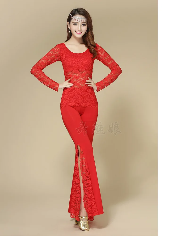 Lace Patchwork Oriental Costume Pants Dance Jazz Solid Color Halloween Women Adult Latin Clothes High Waist Festival Trousers