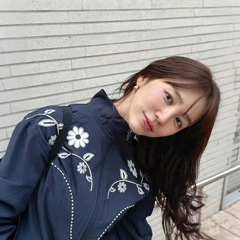 Loose Fit Embroidered Jacket Double Zipper Stand Collar Spring Autumn Women's Outerwear Comfortable Breathable Plant Flower P...