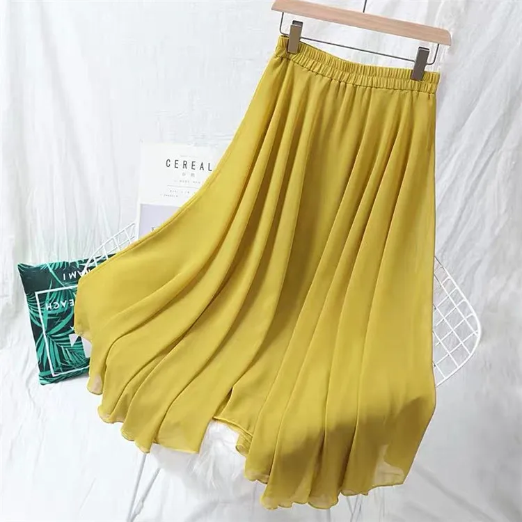 Wiosenna jesienna moda damska plisowana spódnica damska z wysokim stanem czarna różowa czerwona żółta, długa sukienka szyfonowe spódnice maxi szata femme — zdjęcie 5
