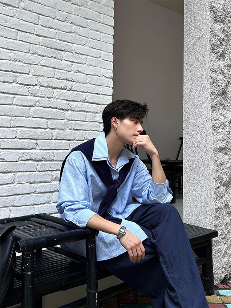 

Loose Fit Striped Long Sve irt Men's Casual Sle Blue Stripe Double Layer Collar Autumn oulder Wrap Faionable irt