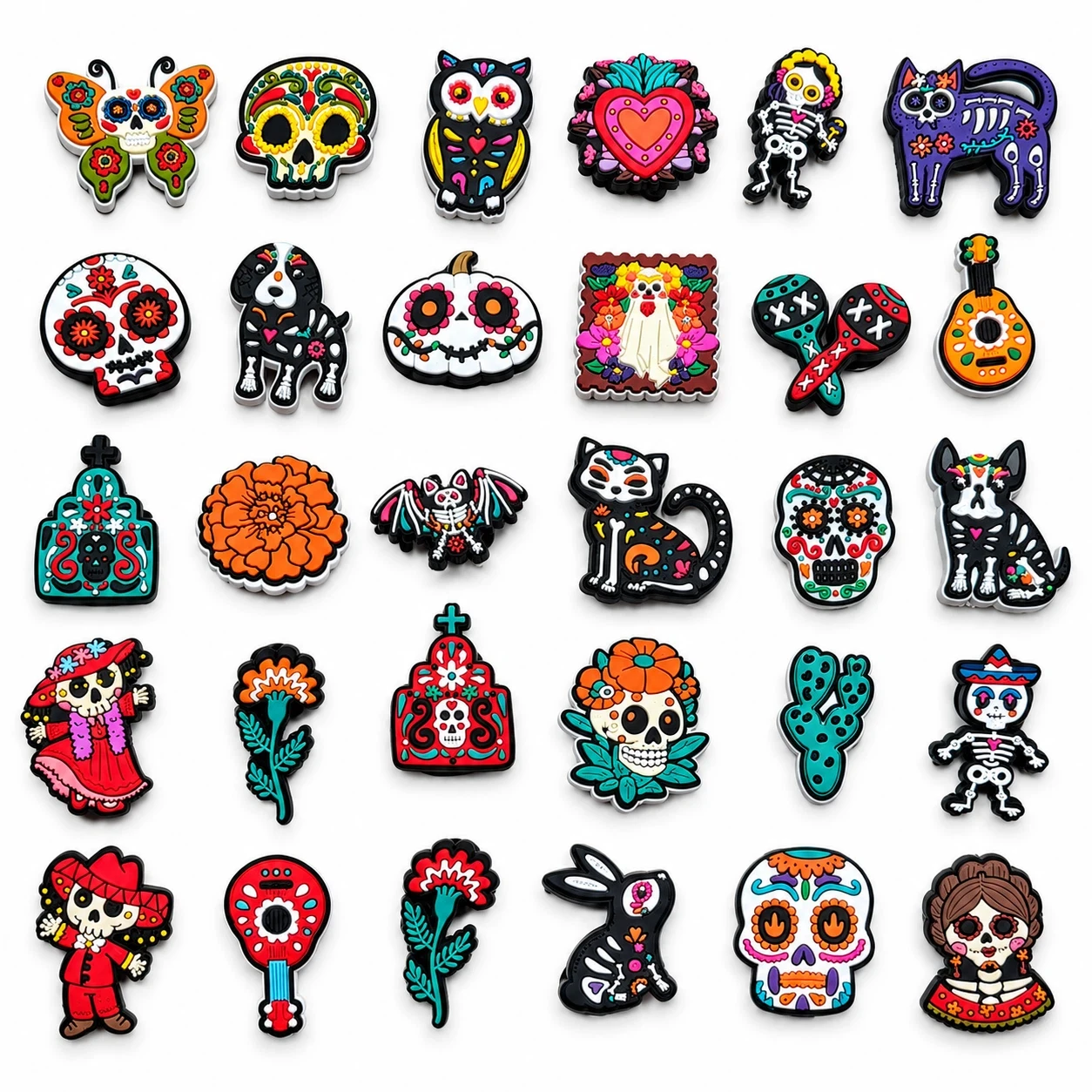 6-100Pcs Mexico Skull Cat Owl Pumpkin Day Of The Dead PVC Detachable Shoe Charms Wholesale Clog Wristband Decoration Buckle