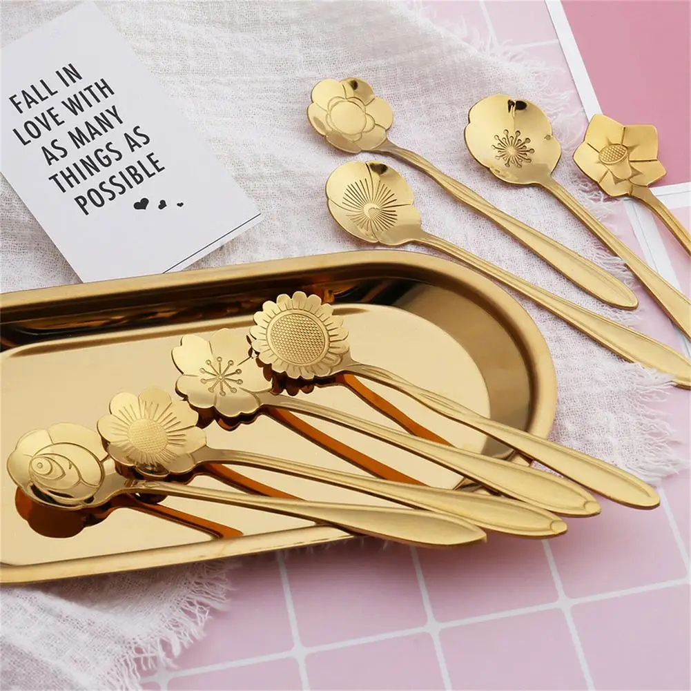 8PCS Stainless Steel Spoon Cherry Rose Gold Silver Scoop Coffee Spoon Teaspoons Kitchen Accessories Tableware Decoration