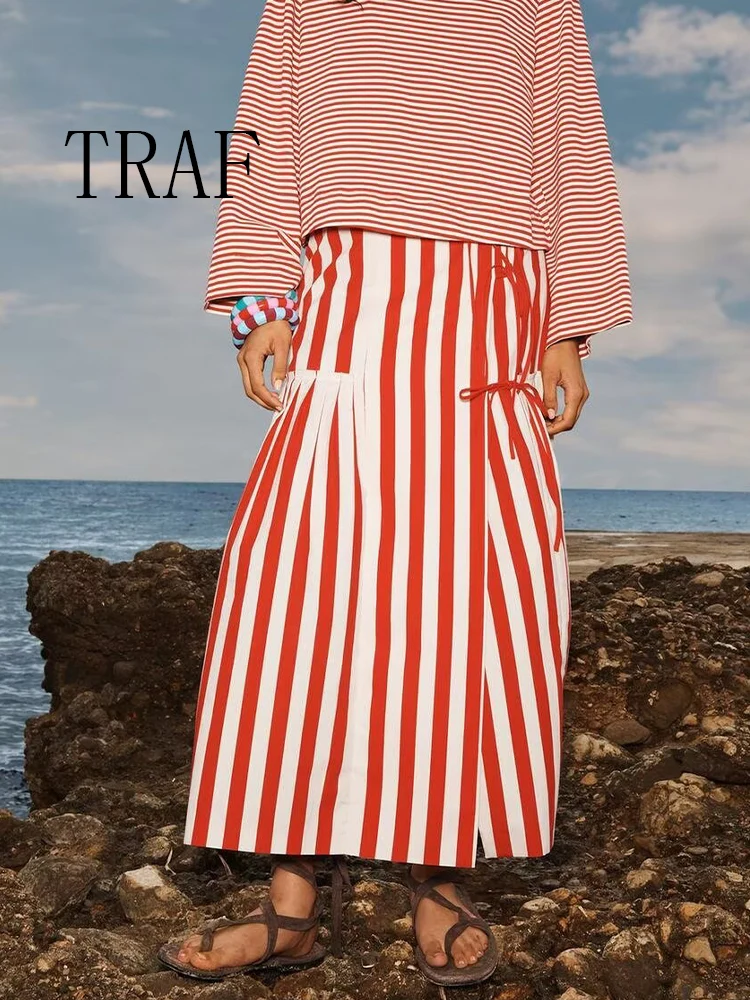 

TRAF European and American style summer women's clothing new style fashionable and versatile temperament striped midi skirt