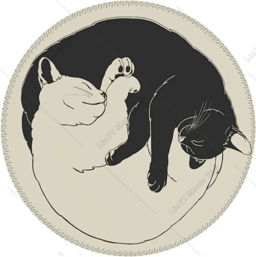 Black White Cat Round Mouse Pad Cute Small Gaming Mouse Pad Non-Slip Rubber Base Sewing Edge Suitable for Office Home 7.9 Inch