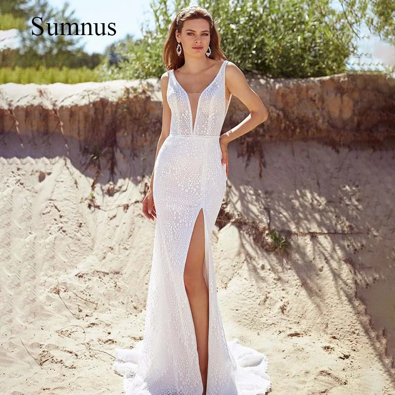 

Beach Mermaid Wedding Dresses Dotted Tulle Deep V Neck Side Slit Bridal Gown Backless Sexy Summer Wedding Dress Robe de Mariee