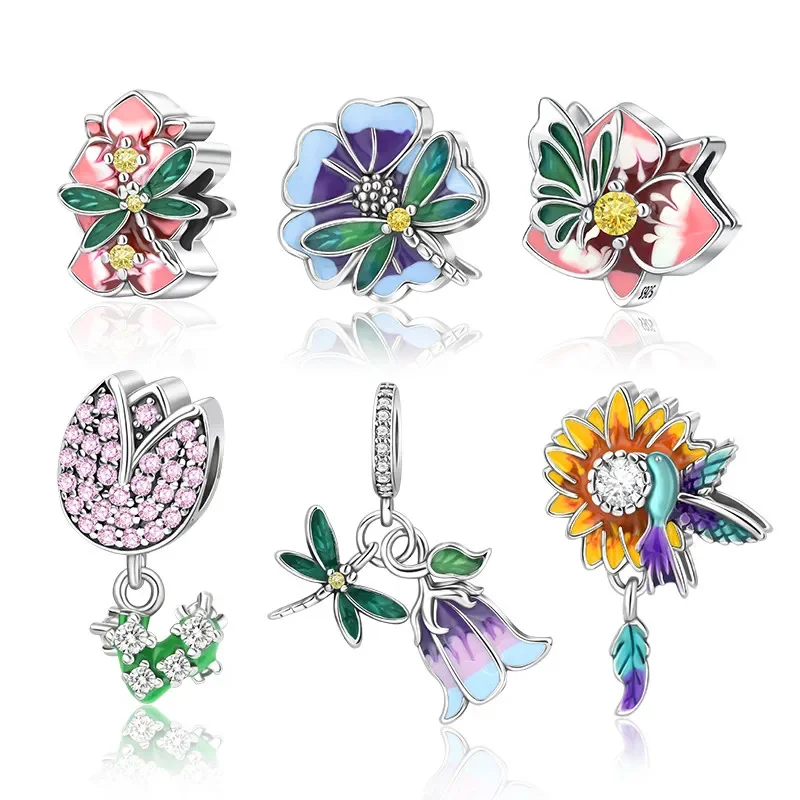 

925 Sterling Silver Colorful Pansy Daisy Flowers Butterfly Pendant Bead Fit Pandora Bracelet for Women Fine Jewelry Diy Gift