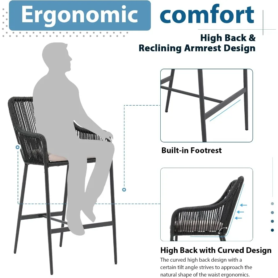 Barhocker aus Korbgeflecht, 2er-Set, Terrasse, Outdoor, Rattan-Seil, Barhöhenstühle mit Kissen, Armlehne und Fußstütze für Innengarten, Poo