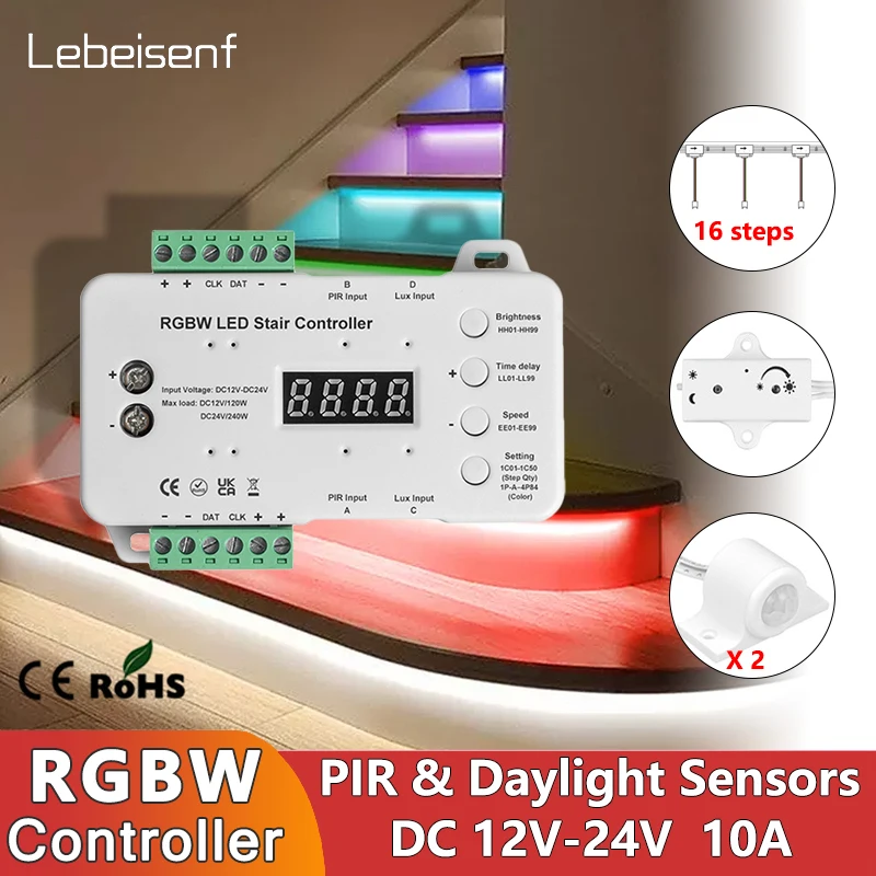 Nowy kontroler LED 16 stopni DC 12V 24V 10A światło dzienne/PIR czujnik ruchu ludzkiego przełącznik inteligentne schody stałe napięcie ściemniacz