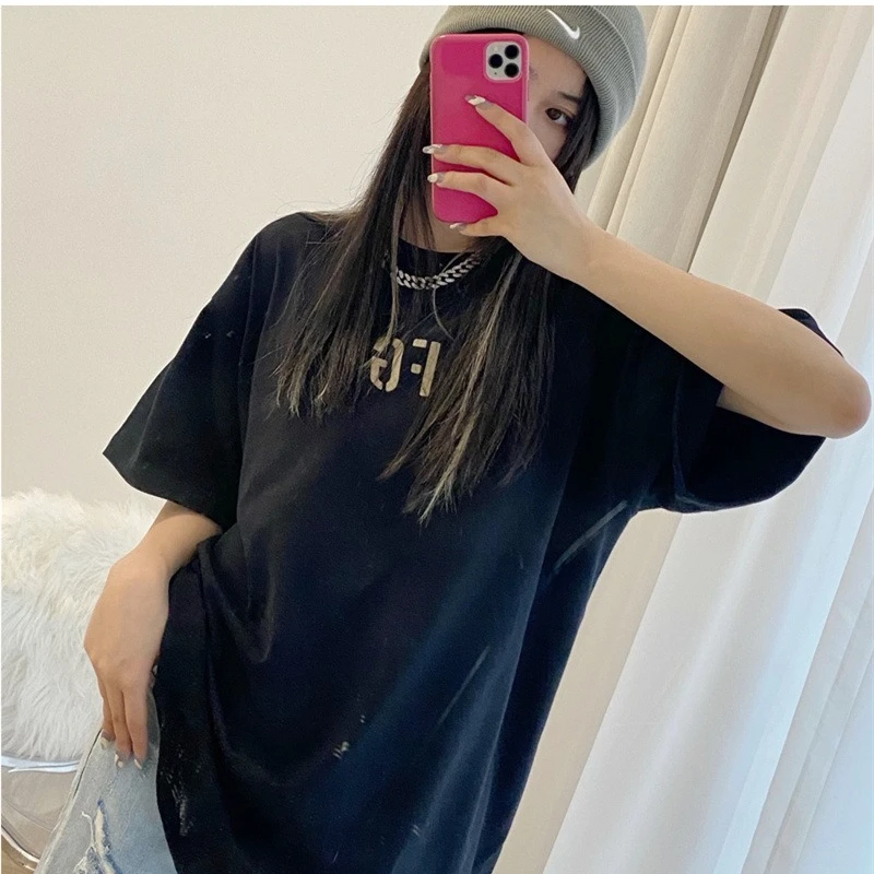 

New Flocking Short Sleeve High Street Couple Round Neck T Shirt Trendy Men Women Top