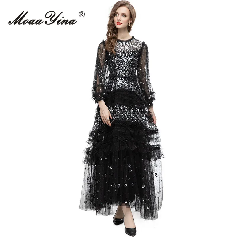 MoaaYina Summer Fashion Designer Black Vintage Party Dress Women's O Neck Sequins High Waist Slim Mesh Ruffles A-LINE Long Dress