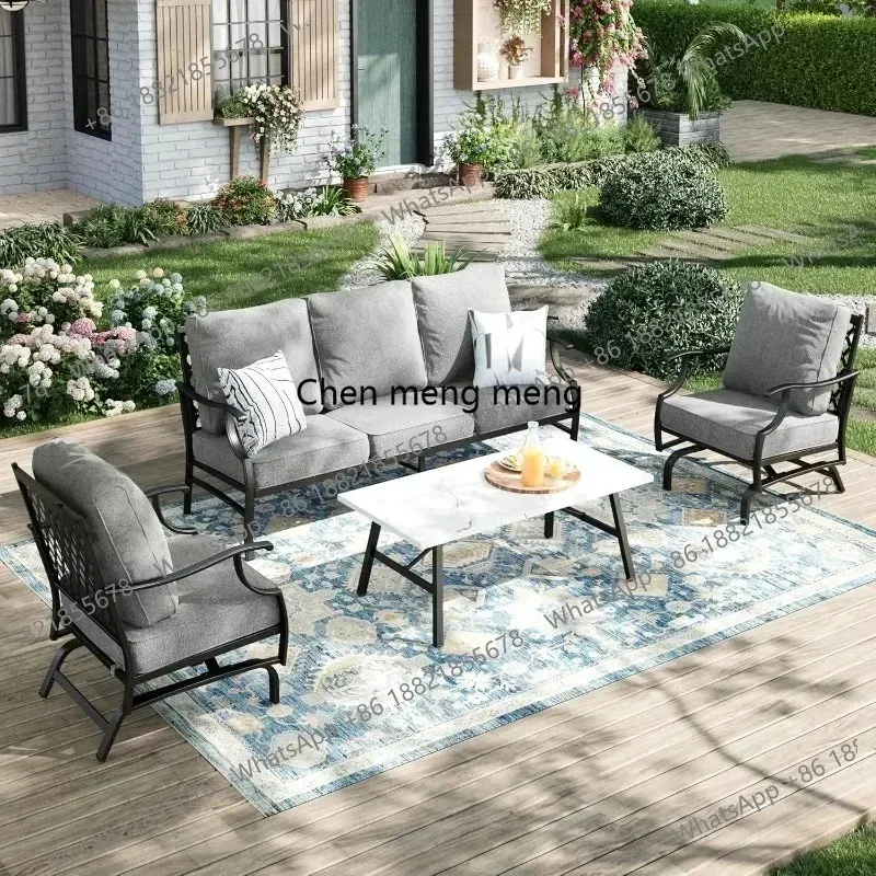 K153  K153  Patio Furniture Set 4 pcs, Metal Outdoor Patio Furniture, 3-Seat Sofa, 2 Swivel Chairs, Metal Coffee Table and, Cust