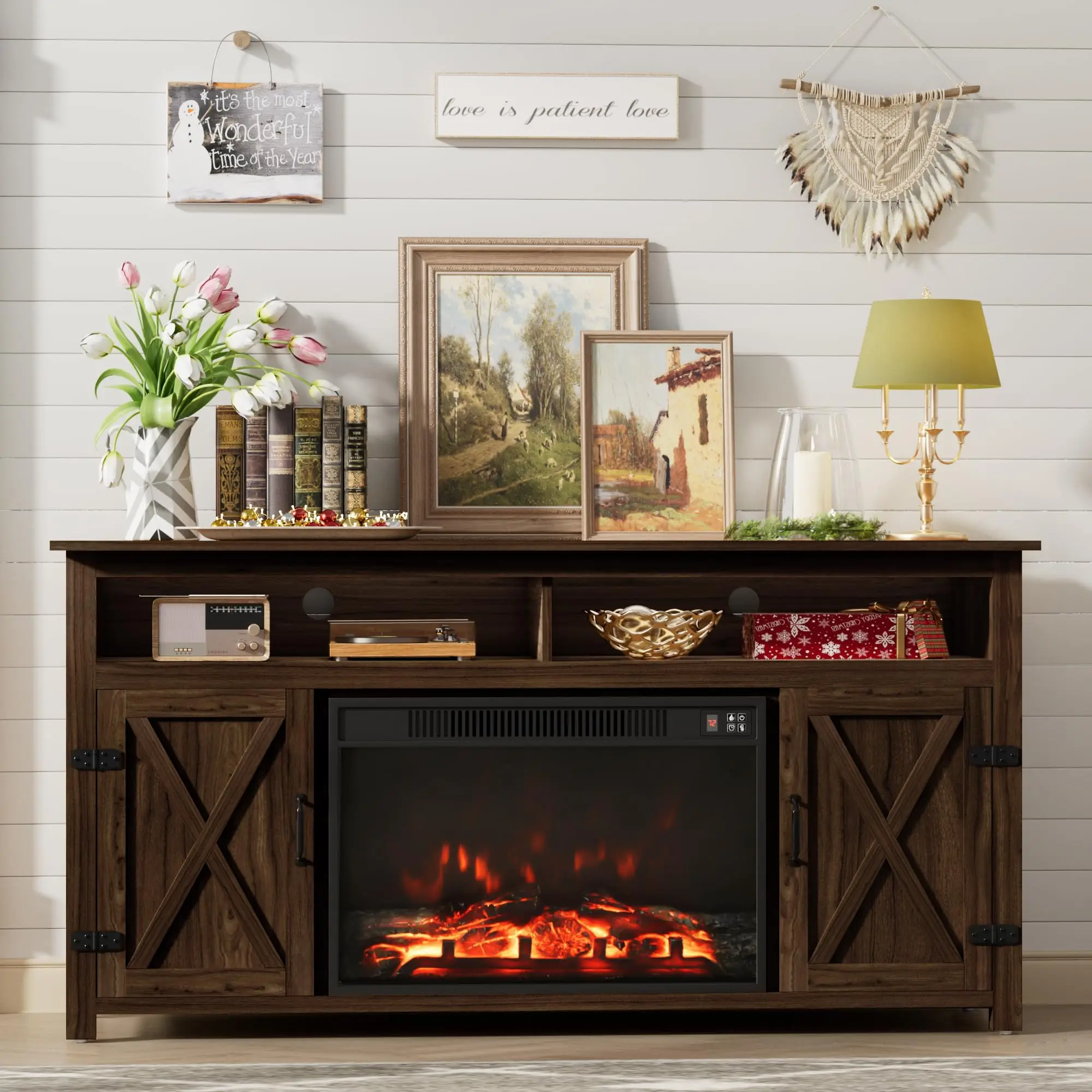 Farmhouse Fireplace TV Stand for TVs Up to 65 Inch Highboy Entertainment Center with Open Storage and Side Cabinets