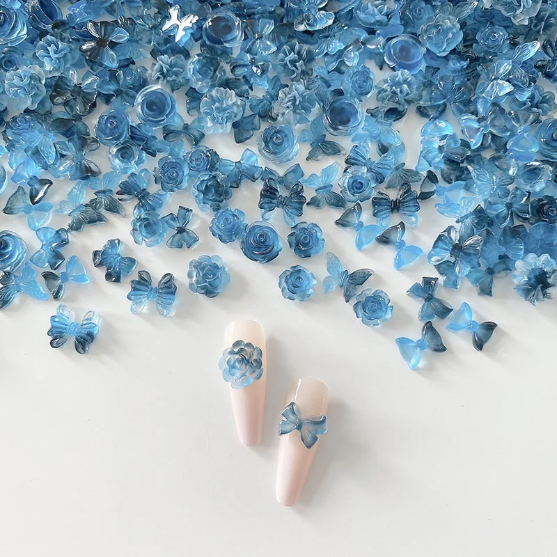 10pcs Kawaii Gradient Blue Nail Art Charms Japanese Flower Butterfly Bow Design Nail Decoration DIY Manicure Jewelry Accessories