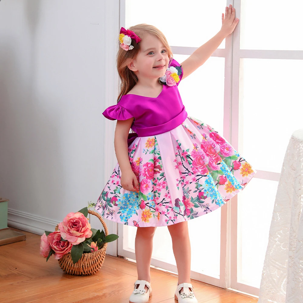 Elegant Girls Flower Big Bow Dresses For Weddings Kids Formal Birthday Party Princess Clothes Evening Children Tulle Vestidos