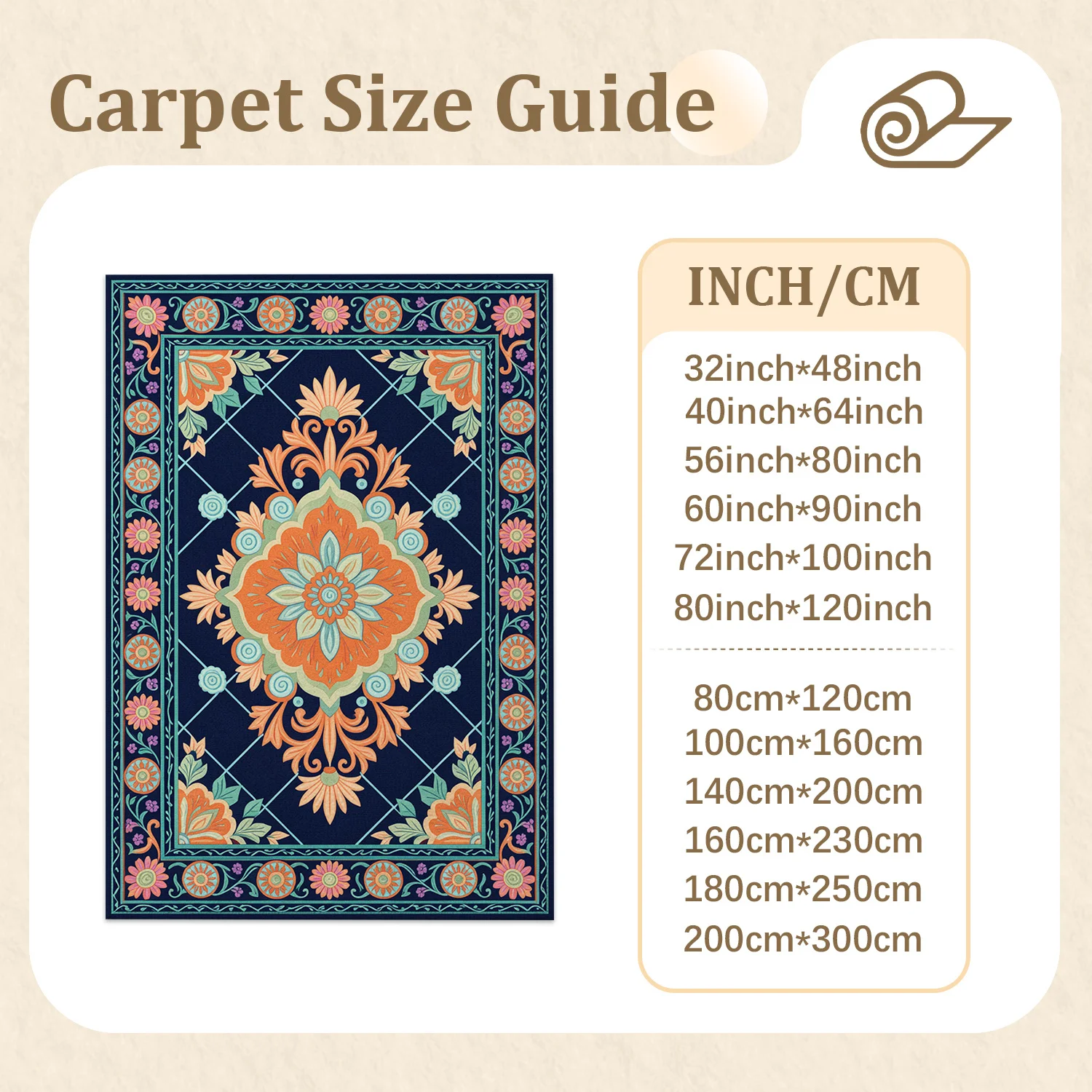Ornate Floral Mandala Pattern Indoor Area Rug, Soft Velvet, Machine Washable, Stable Base for Living Room, Bedroom, Dining Area, Foyer, Ideal for Halloween, Thanksgiving, Christmas, New Year Holiday Home Decor