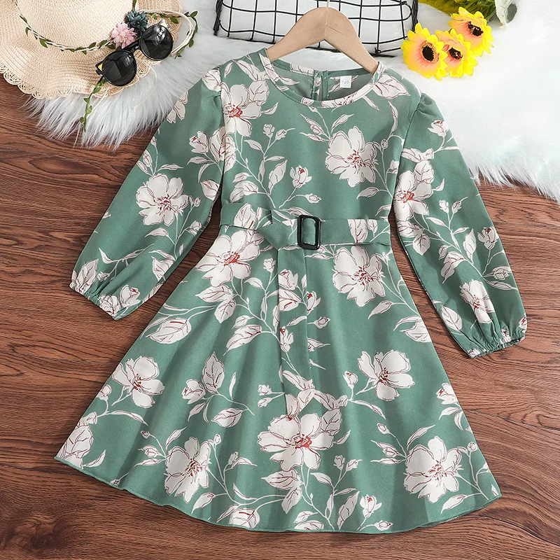 

Laura Kors 2023 Winter New Girls Dress Long Sleeve O Neck Sashes Print Floral Yellow Designer Girls Princess Dress Vestido 4-7T