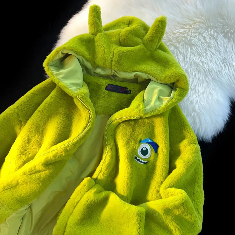 Disney Monsters University Cartoon Bordados Hoodies para Homens e Mulheres, Plush Tops, Casaco com Zíper, Big Eyed Mike, Jaqueta Bonito, Roupas Y2K