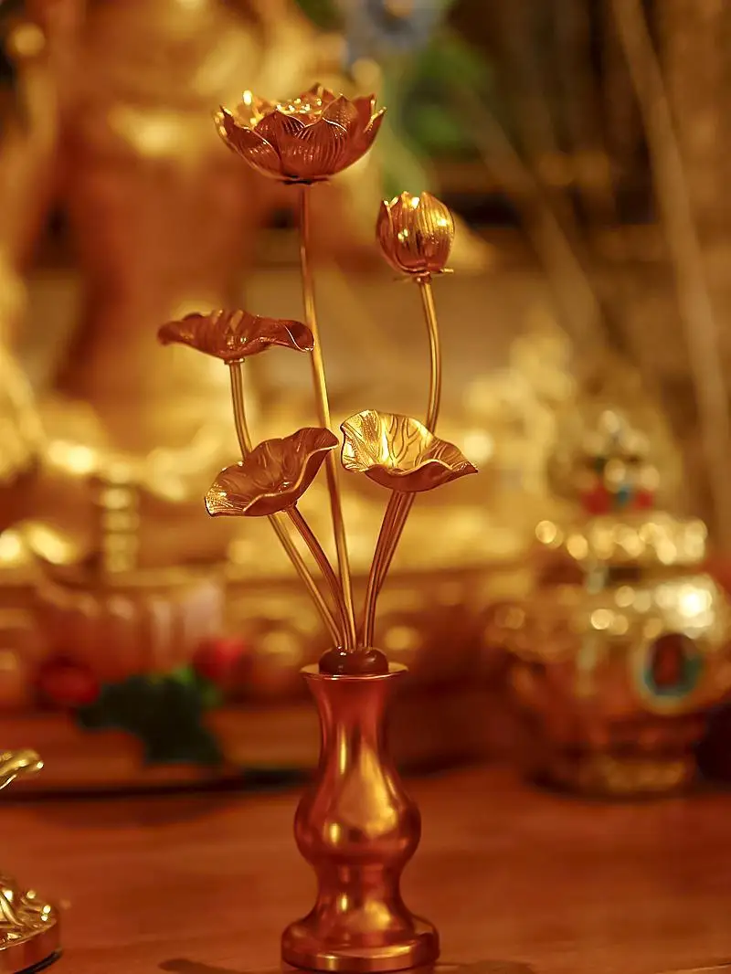 home-indoor-decor-buddha-hall-buddha-guanyin-wealth-god-lotus-bottle-japanese-style-flower-vase-gold-plated-flower-artificial
