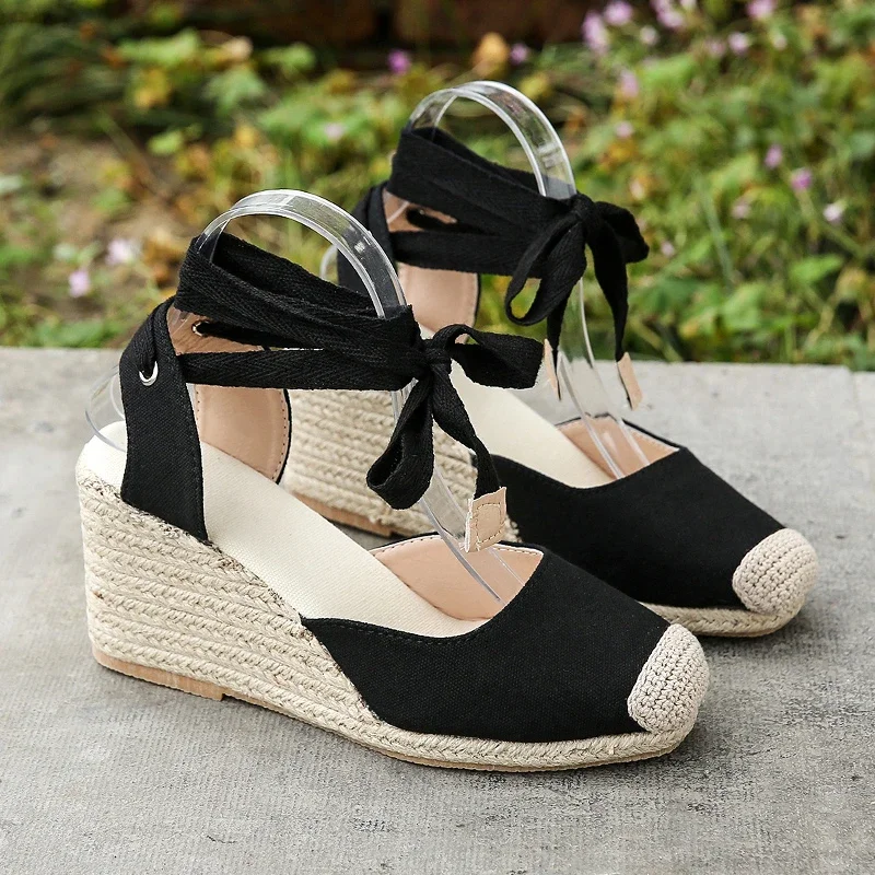 Women Espadrille Ankle Strap Sandals Slippers Ladies Womens Casual Wedge Shoes Breath Flax Hemp Canvas Pumps Platform Sandals