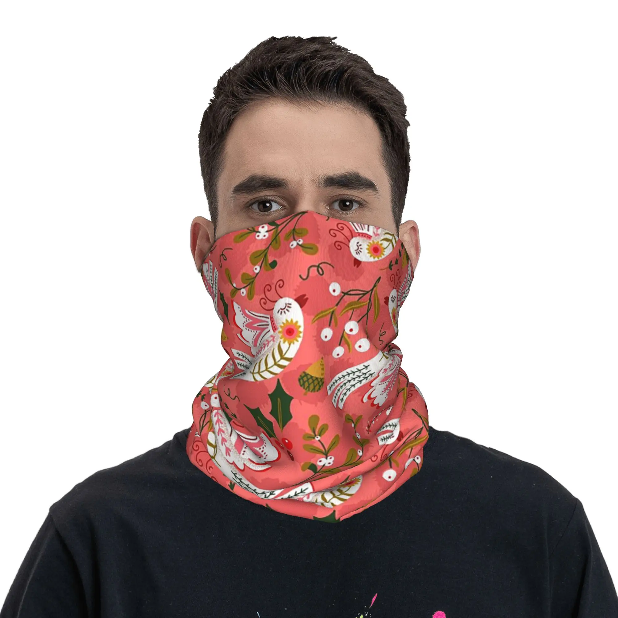 

Folk Art Free Birds with Winter Botanicals Pattern Bandana Neck Gaiter Printed Mask Scarf Balaclava Hiking Fishing Unisex Adult