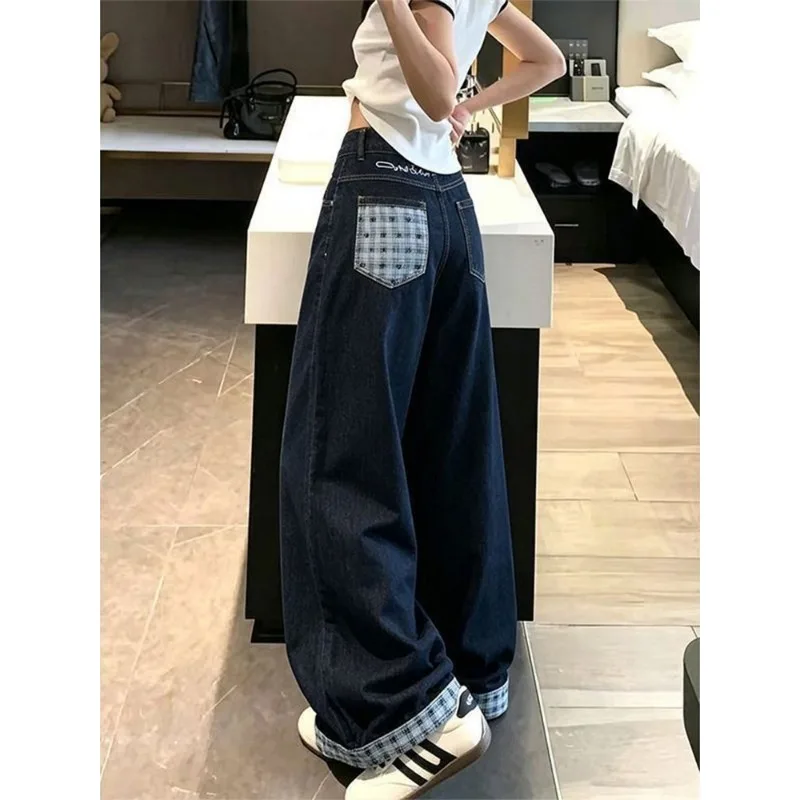 Women Jeans Retro Contrast Plaid Splicing High Waist Loose Draped Plus Size Wide Leg Long Pants For Autumn