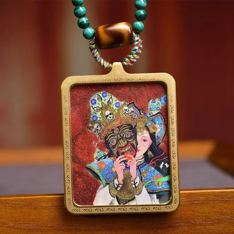 Hand-painted gold-mineral Zaki Ram Tangka, Eight Guardian Deities, portable Buddha amulet necklace.