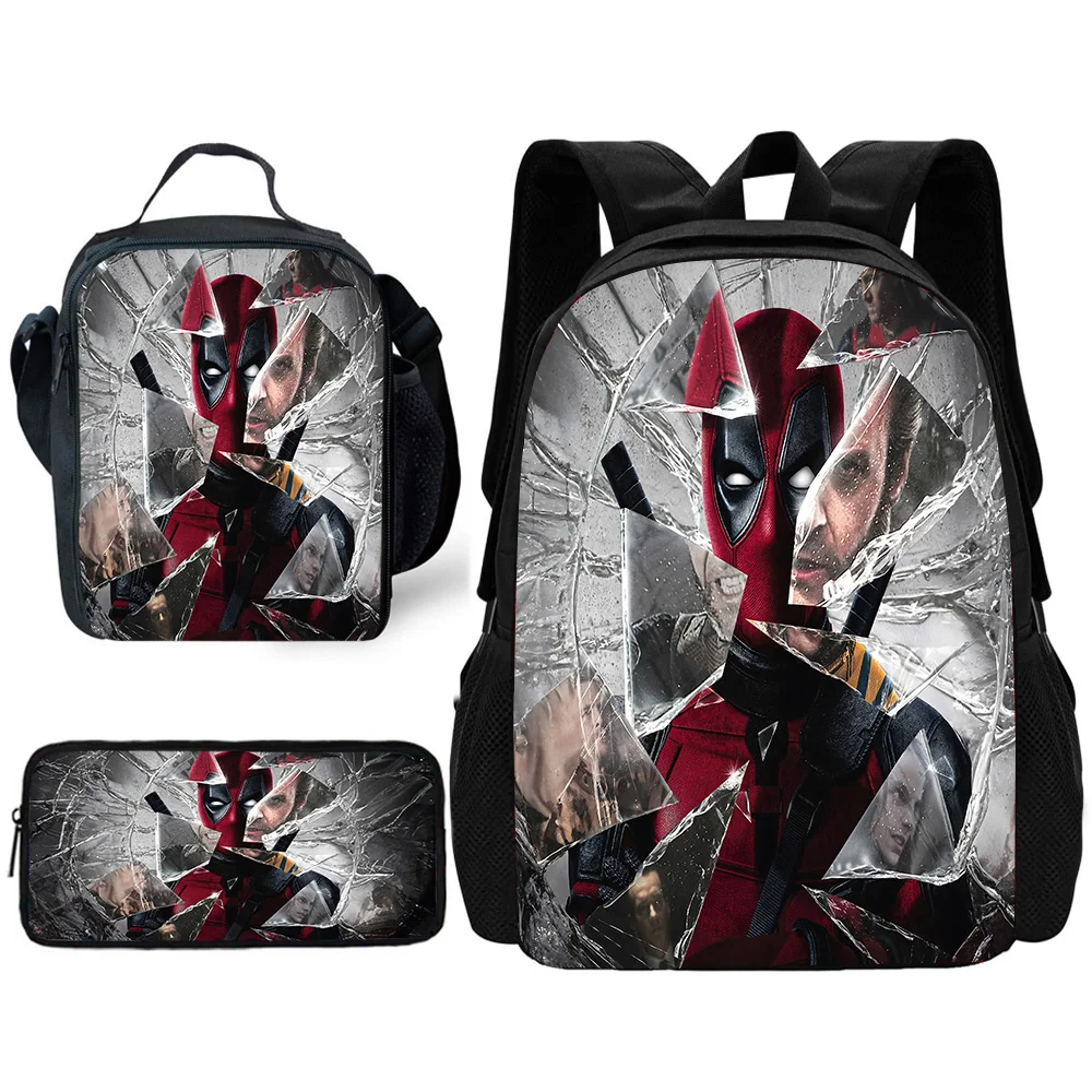 Marvels Deadpools & Wolverines Child School Backpack with Lunch Bags ,Pencil Bags ,School Bags for Boys Girls Best Gift