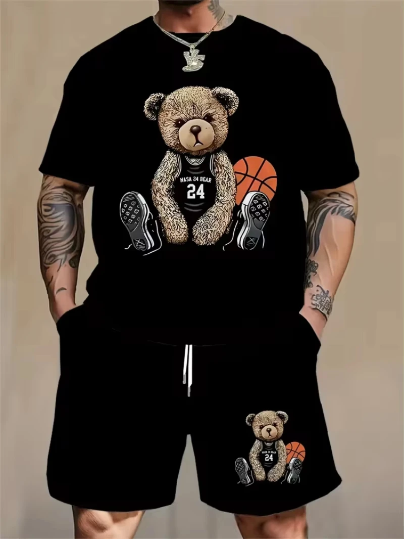 

100% Cotton Sports Comfortable T-shirt Shorts Two-piece Set Men's Fashion Bear Print Pattern High Street Trend Harajuku Summer