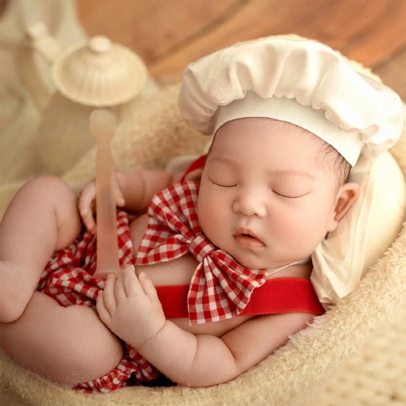 Newborn Photography Cook Clothing Plaid Hat+Bow Tie+Suspenders 3Pcs/set Studio Photo Props Accessories Chef Clothes Outfits