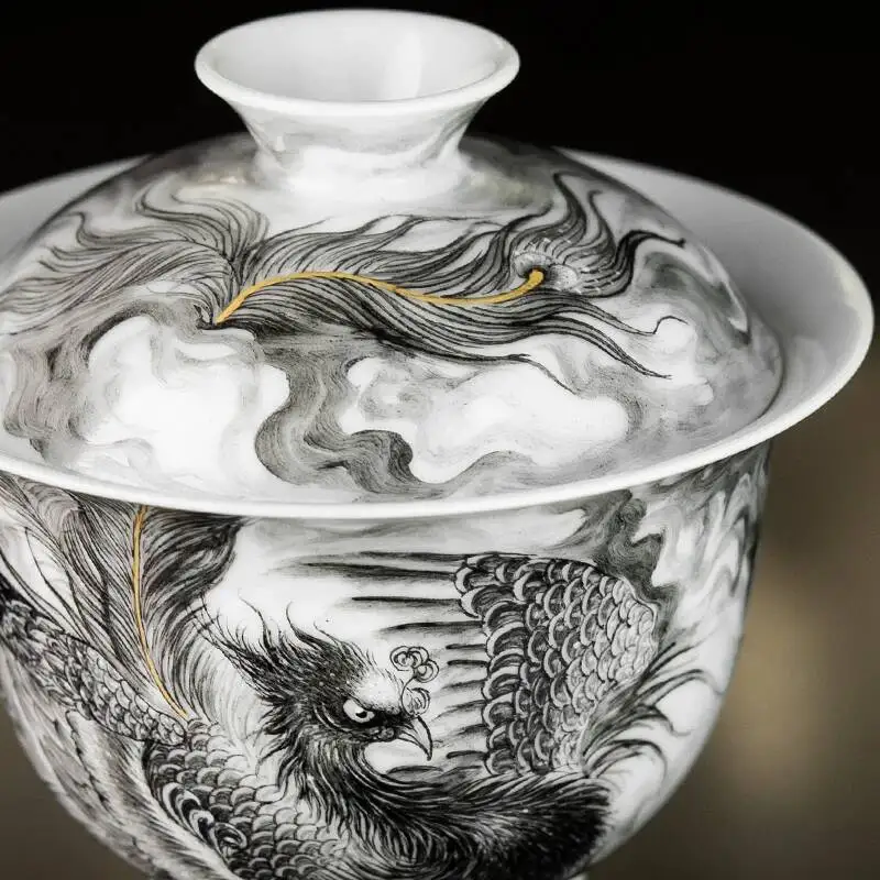 Sacred Mountain Phoenix Jingdezhen Hand-Painted Ceramic Set Cup Ink Painting Tea Gaiwan