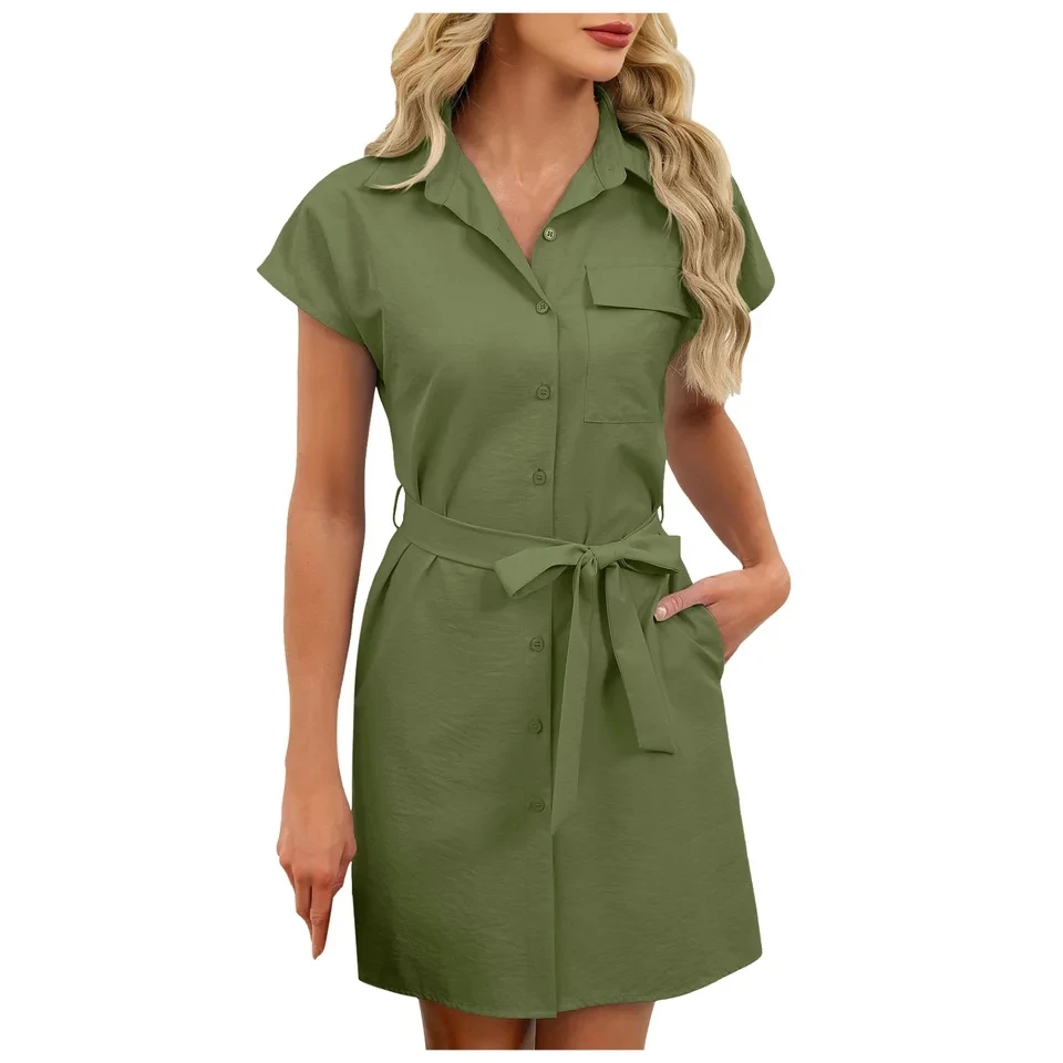 

Summer Short Sleeve Shirt Dress Women's Turn-Down Collar Single Breasted Casual Tie Waist Dresses Solid Color Sundress Vestidos