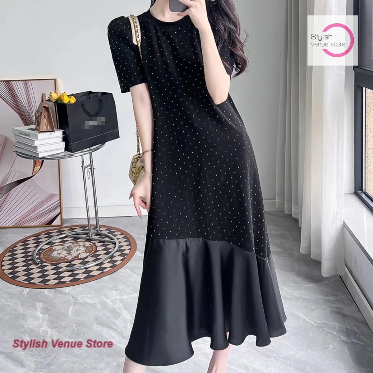 French style fashion temperament rhinestone dress female summer plus size loose slim casual Joker T-shirt little black dress