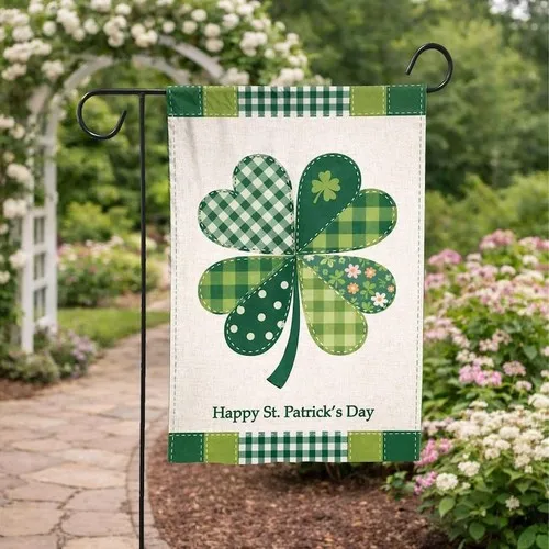 Custom St. Patrick’s Day Garden Flag, Shamrock Patchwork Garden Flag, Green Clov UUI GGX