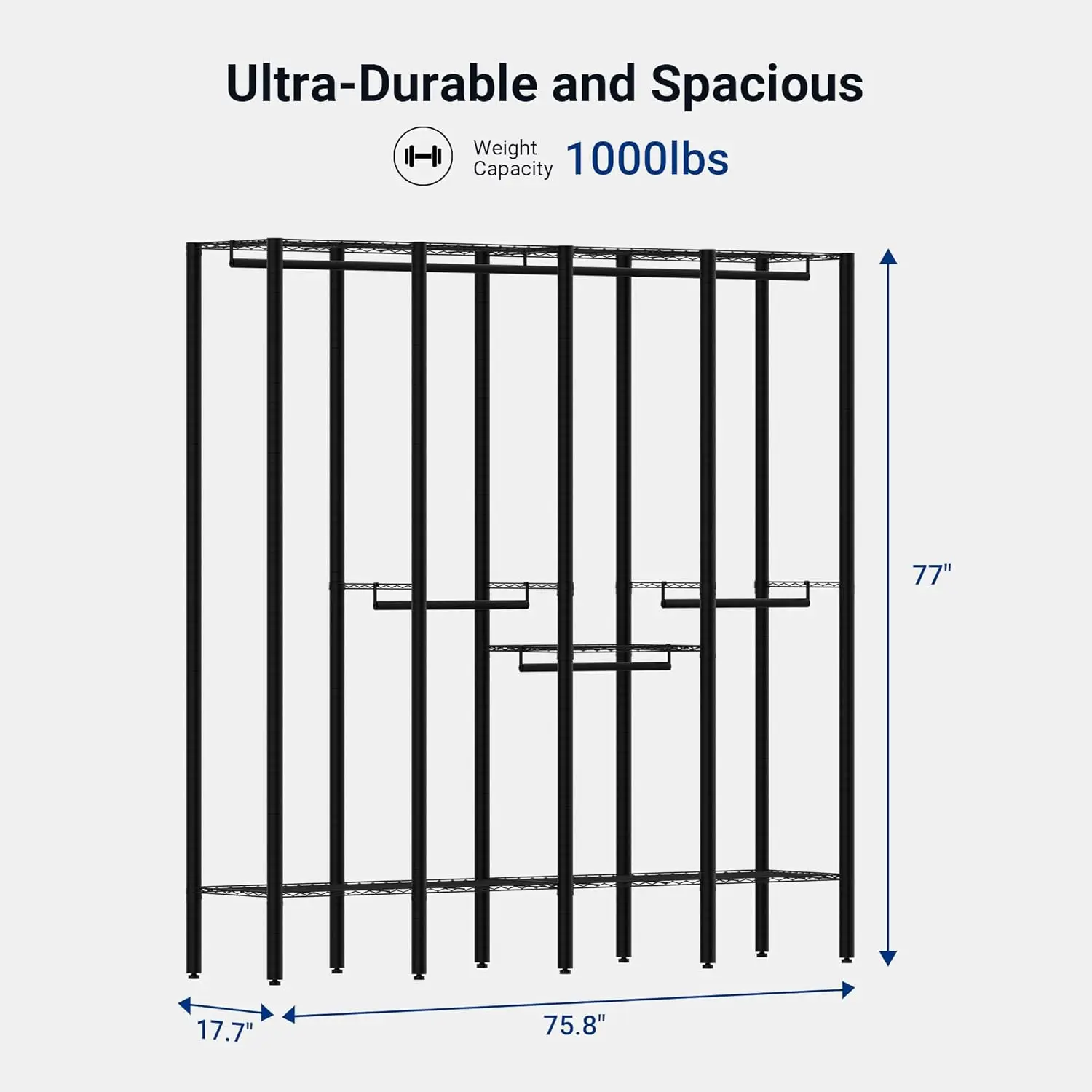 Heavy Duty Clothes Rack with Five Hanger Rods, Freestanding Metal Wardrobe Storage Rack with Adjustable 5 Tiers Wire Shelving