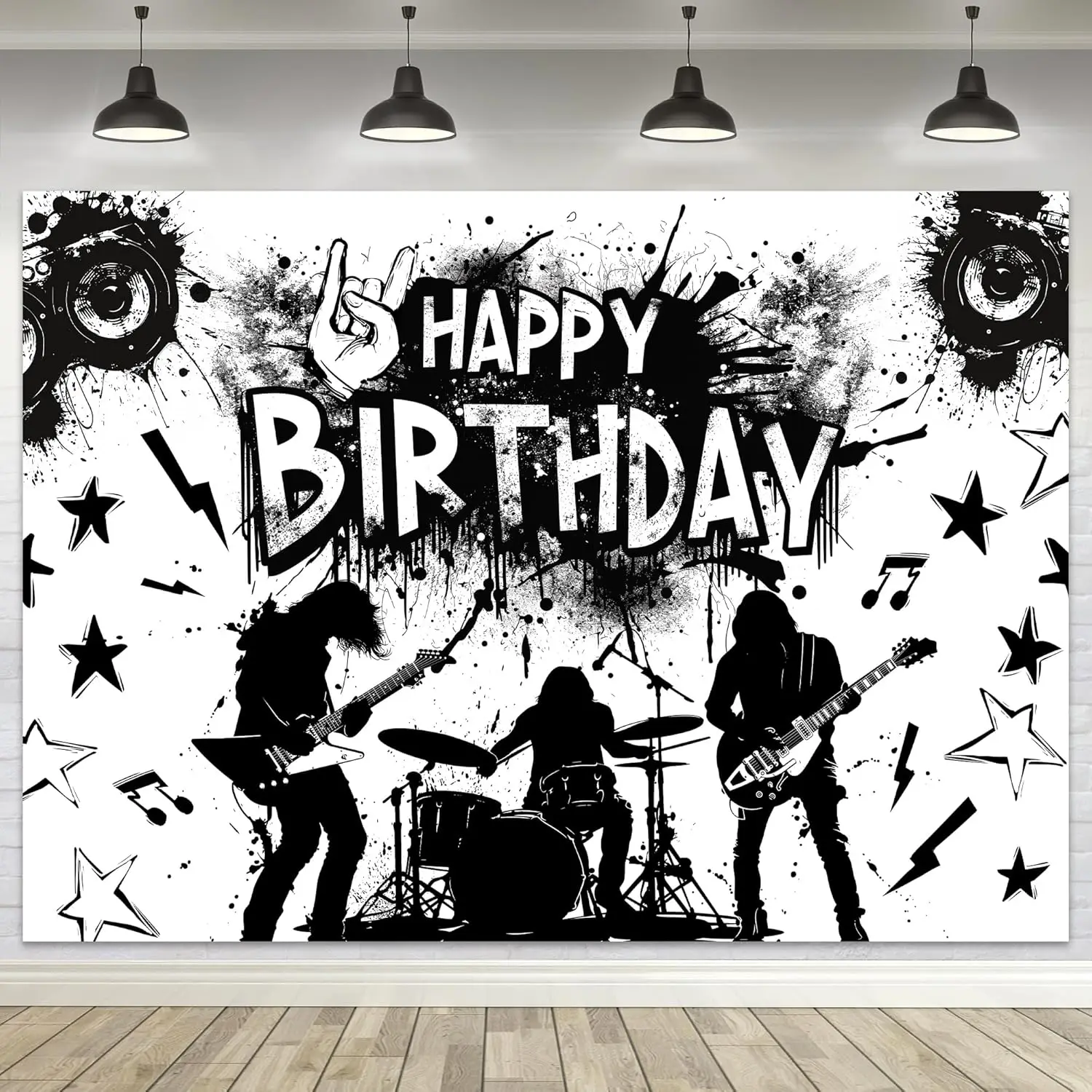 Rock And Roll Photography Backdrop Music Themed Guitar Drum Silhouette Musical Notes Symbols Themed Birthday Party Background